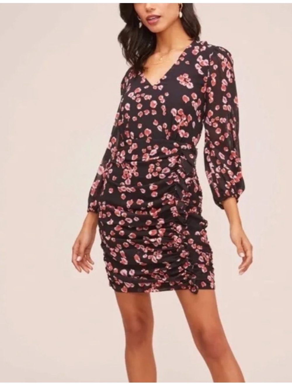 Astr The Label Red Petal Floral Print Shirted Mini Dress Long Sleeve